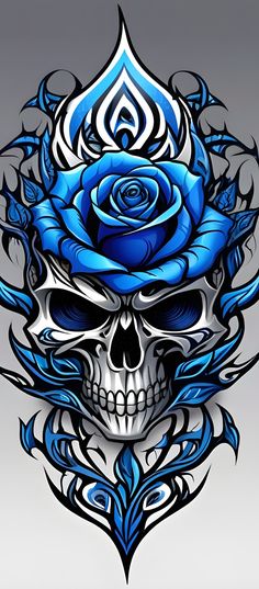 a skull with a blue rose on it's head is shown in this image