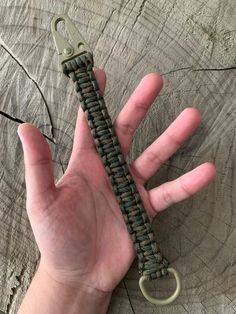 a hand holding a green paracorre on top of a piece of wood