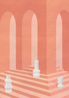 an abstract painting of columns and steps against a pink wall with orange stripes on the floor