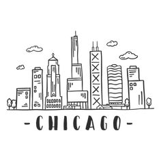 the chicago skyline is drawn in black and white on a white background with words that read,