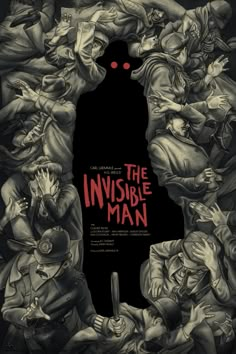 the invisible man poster is shown in black and white, with red eyes on it