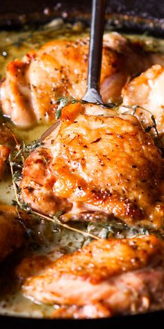 Chicken Thighs, baked in a cast iron skillet in white wine sauce Chicken Tight Recipe, Bone In Chicken Thighs Recipes Oven, Dinner Recipes Meat, Herb Roasted Chicken Thighs, Creamy White Wine Sauce, Roasted Chicken Thighs, Herb Roasted Chicken, Chicken Entrees, White Wine Sauce