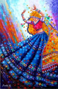 a painting of a woman dancing with colorful colors on her dress and headdress