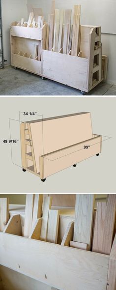 the plans for a bench are shown in three different stages, including one being built