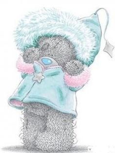 a drawing of a teddy bear wearing a winter hat and holding a blue bag with a heart on it