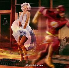 the flash and supergirl are dancing together in front of an advertisement for their company