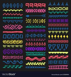 a set of hand drawn doodles in different colors and shapes on a black background