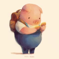 a pig with a backpack is holding a banana