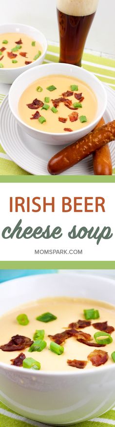 two pictures with different types of food in them and the words irish beer cheese soup