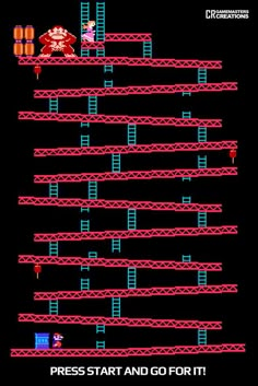 an old - school video game with stairs and ladders on the screen, which reads press start and go fort