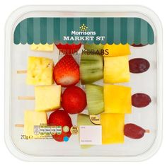 fresh fruit skewers in a plastic container on a white background with the words morrisons market st