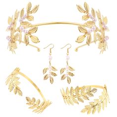 PRICES MAY VARY. Set Content: This greek goddess accessories set includes 1pcs faux pearl leaf hair band, 2pcs greek leaf bracelets, 1 pair of delicate earrings, classic and beautiful greek jewelry set, make you like a real princess, suitable for all kinds of hairstyles and different styles of dresses, fully able to satisfy your needs for all kinds of decorations and attending events. Reliable Material: These greek jewelry for women accessories are made of good alloy and artificial pearl materia Goddess Costume Accessories, Grecian Goddess Costume, Upper Arm Cuff Bracelet, Gold Arm Cuff, Upper Arm Cuff, Toga Party, Ancient Greek Jewelry, Leaf Headband, Arm Cuff Bracelet