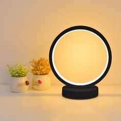 a small round light sitting on top of a table next to a potted plant