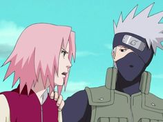 naruto and pink hair standing next to each other in front of a blue sky