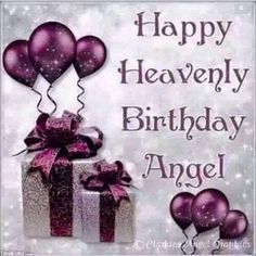 happy heavenly birthday angel with gifts and balloons