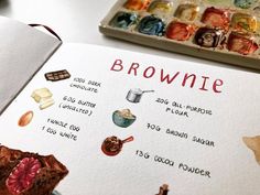 an open book with pictures of different things on it and the words brownie written in red