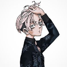 an anime character with blonde hair wearing a black shirt and holding his hand to his head