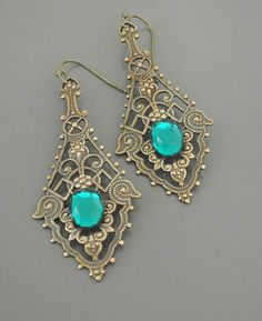 Vintage Earrings  Art Nouveau Earrings  Emerald Earrings Victorian Brass Earrings For Party, Green Dangle Earrings With Intricate Design, Unique Green Pierced Earrings, Green Intricate Design Dangle Earrings, Vintage Filigree Chandelier Earrings For Gift, Vintage Filigree Chandelier Earrings As Gift, Antique Nickel-free Earrings For Party, Victorian Earrings For Pierced Ears For Party, Victorian Style Earrings For Party