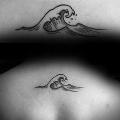 two different tattoos on the back of women's bodies, one with an ocean wave and