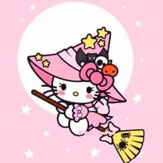 a hello kitty cartoon character flying through the air with a broom and hat on her head