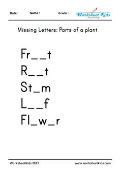 worksheet for kids missing letters parts of a plant