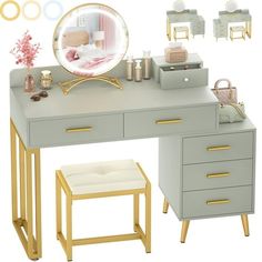 a desk with a mirror, stool and other items on it in front of a white background