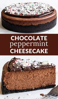 chocolate peppermint cheesecake on a plate with a slice cut out and ready to be eaten