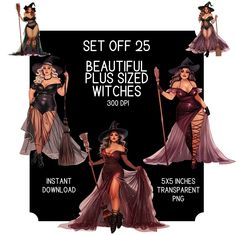 a set of three beautiful women dressed in witch costumes