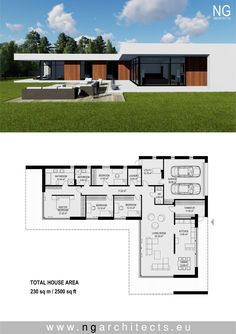 the floor plan for a modern house with two levels and an open living room, dining area