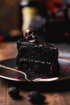 a piece of chocolate cake on a plate with a fork