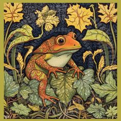 a painting of a frog sitting on top of leaves