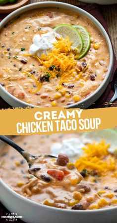 creamy chicken taco soup in a white bowl with a spoon and lime wedges