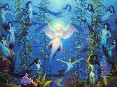 a painting of an angel surrounded by mermaids