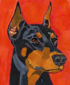 a painting of a doberman dog on an orange background