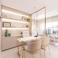 a dining room with white walls and gold accents