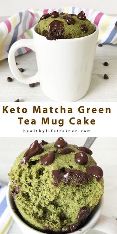 a green tea mug cake with chocolate chips on top and in the middle, there is a white cup filled with it