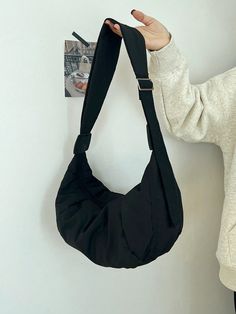 Noir Casual,Unisexe Collar  Nylon Unicolore Sac Hobo Embellished Puff Bag, Messenger Bags For School, Tote Bag Inspo, Acnh Clothes, Back To School Fashion, Slouchy Bag, Dumpling Bag, Hobo Crossbody Bag, Women Crossbody Bag