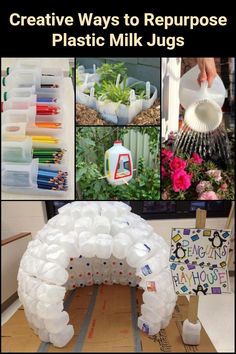 the cover of creative ways to repurpose plastic milk jugs, with images of various