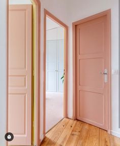 Coloured Interior Doors, Colored Interior Doors, 1970s Apartment, Entryway Paint, Stairs And Hallway Ideas, Pink Doors, Narrow Hallway Decorating, Upstairs Hallway, Pink Door