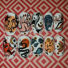 Set of hand-painted, coffin shaped press-on nails with a Japanese koi and dragon themed design. Comes with 1 sheet of nail adhesive tabs (24 pcs). -Sets of 22 are ready to ship (unless they are sold out), and do not require any sizing (includes all possible sizes X2). -If you wish to purchase this design in a different shape or length (either the full set of 22, or set of 10), please message me prior to purchasing so I can accommodate  Please do not order sets of 10 if you are not confident in w Koi Nails Designs, Coy Fish Nails, Nails With Fish Design, Koi Fish Nail Design, Chinese Dragon Acrylic Nails, Dragon Japanese, Andy Warhol Inspired, Japanese Koi Fish, Japanese Koi