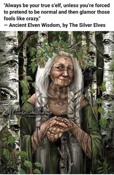 an old woman with white hair sitting in front of some trees and holding a bird