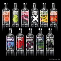 six bottles of absolut raspberry vodka with different colors and designs on them