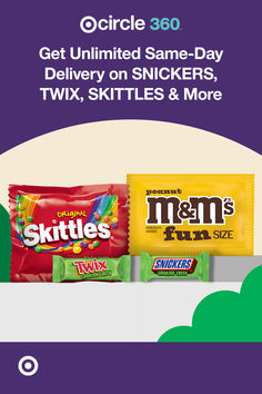 an advertisement for skittle's is shown in purple and green with the words, get united same - day delivery on snacks, twix, skittles & more