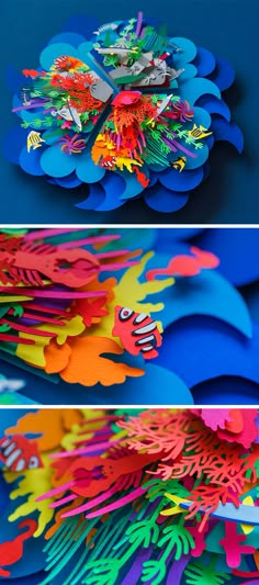 colorful paper cut outs are arranged in the shape of flowers