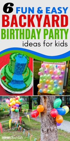 an outdoor birthday party with balloons and streamers on the grass, including a cake