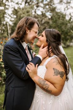 a bride and groom share a moment together