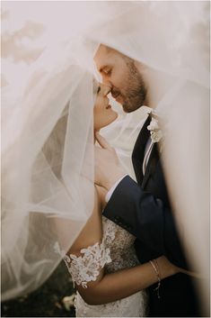 a bride and groom kissing under the veil