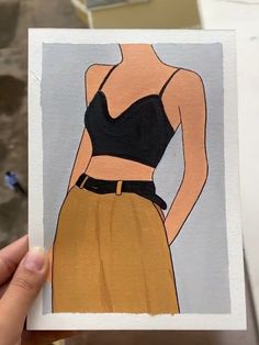 a drawing of a woman in a black top and tan skirt holding up a card