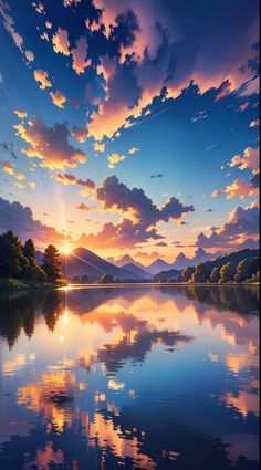 the sun is setting over a lake with mountains in the distance and clouds reflected in the water