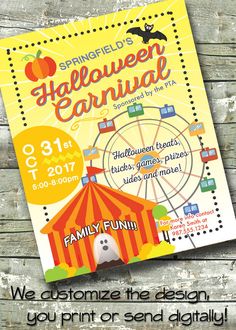 the halloween carnival flyer is displayed on a wooden table with an orange and white tent